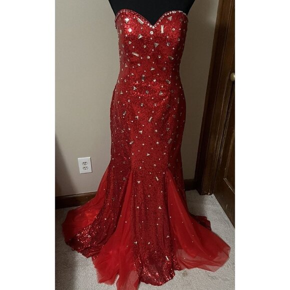 Long Red Sequin Dress with Corset Back Sweetheart Neckline Size Medium - Picture 1 of 9